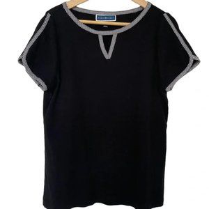 KAREN SCOTT BLACK/WHITE 100% COTTON V NECK NOTCH TSHIRT WITH CHECKED TRIM, LARGE